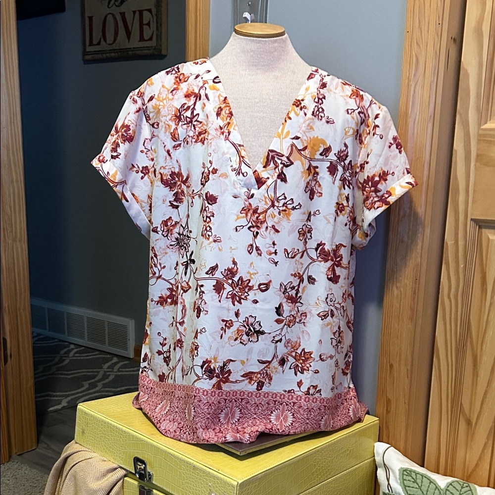 Maurices Floral V-Neck Blouse in Pink and Orange